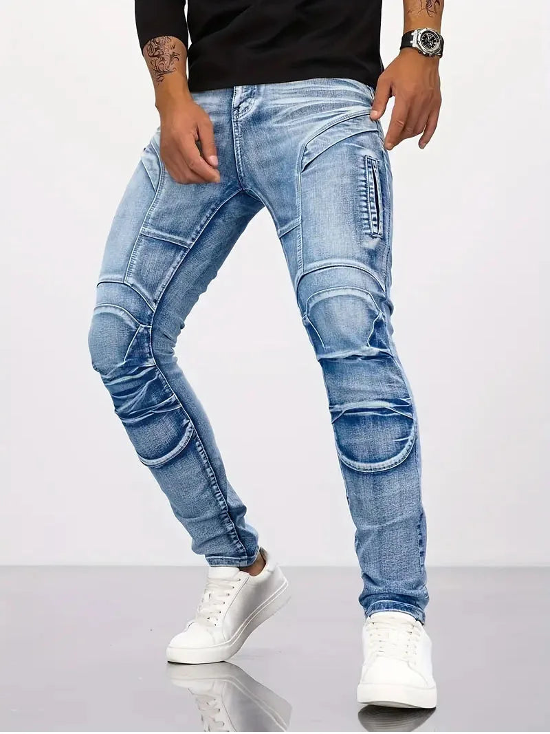 Two tone distressed patchwork jeans for men trendy jeans for summer thin straight leg pants slim fit small leg distressed jeans by DERILUJA LLC