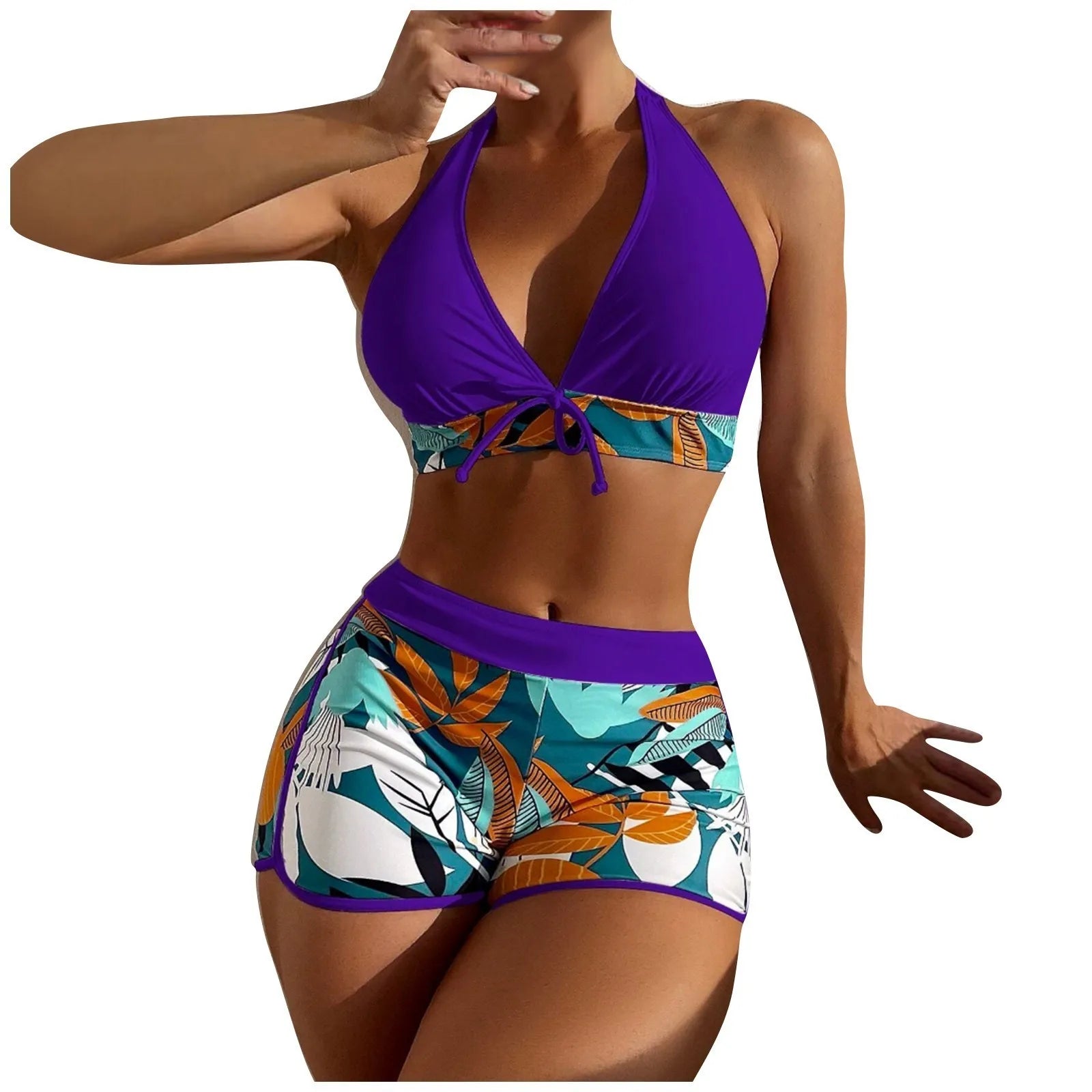 Women's Paneled Printed Swimsuit Ladies Fashion High Waist Swimsuit Two-Piece Set V-Neck Bathing Suits Female by DERILUJA LLC