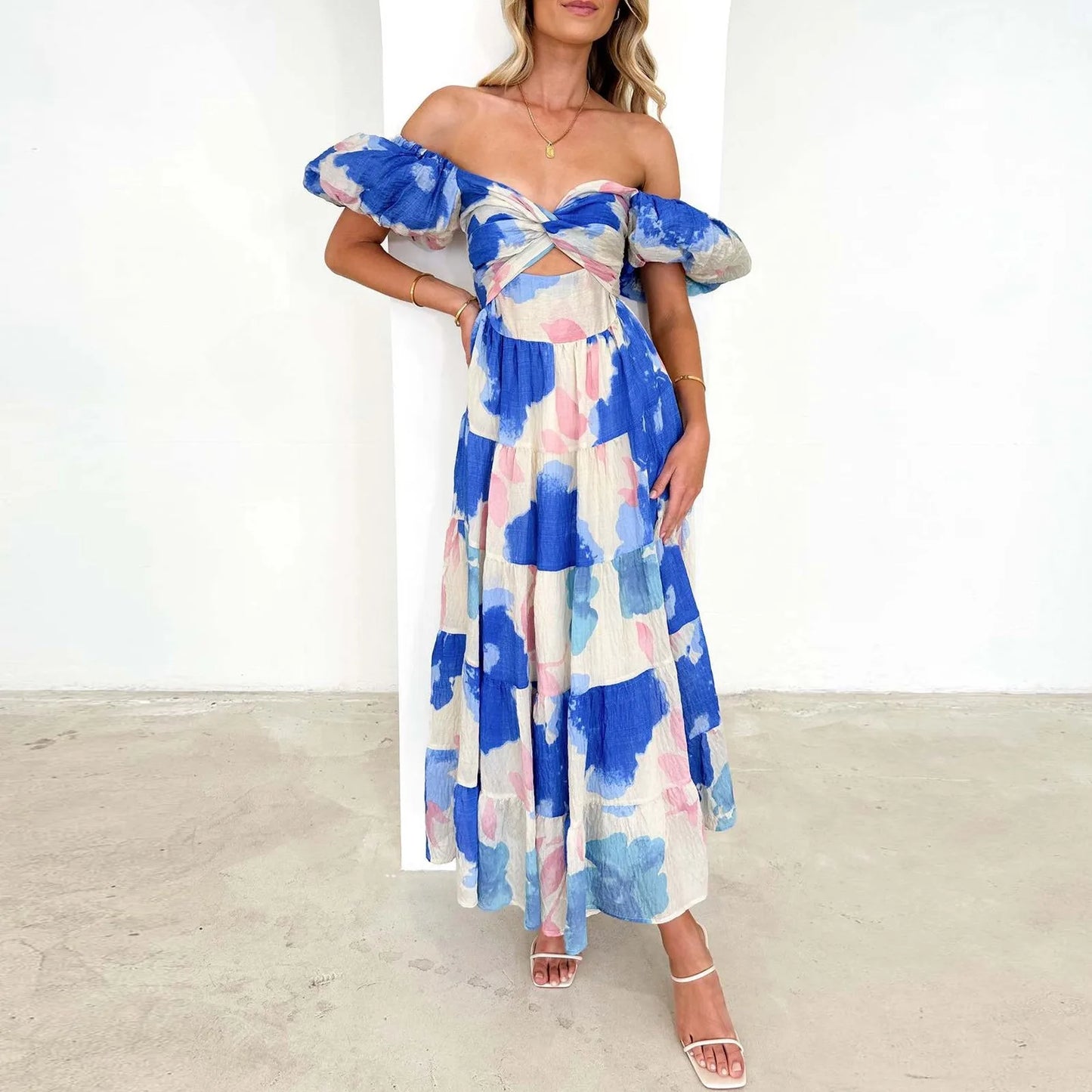 Summer V Neck Cutout Floral Print Dresses Elegant Women Puff Short Sleeve Casual Dress Pleated Waisted Swing Beach Long Dress 2026 by DERILUJA LLC