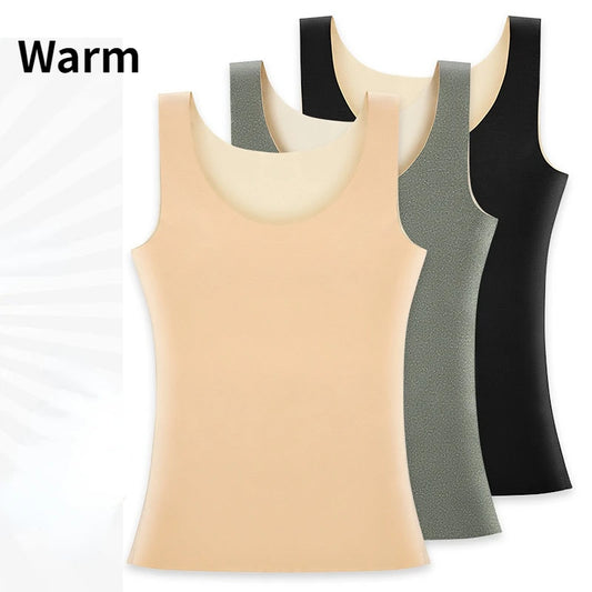 2023 Autum Winter Velvet Warm Vest Fashion Solid Color Seamless Slim Sleeveless Thermal Tops Round Neck Vest Underwear Women