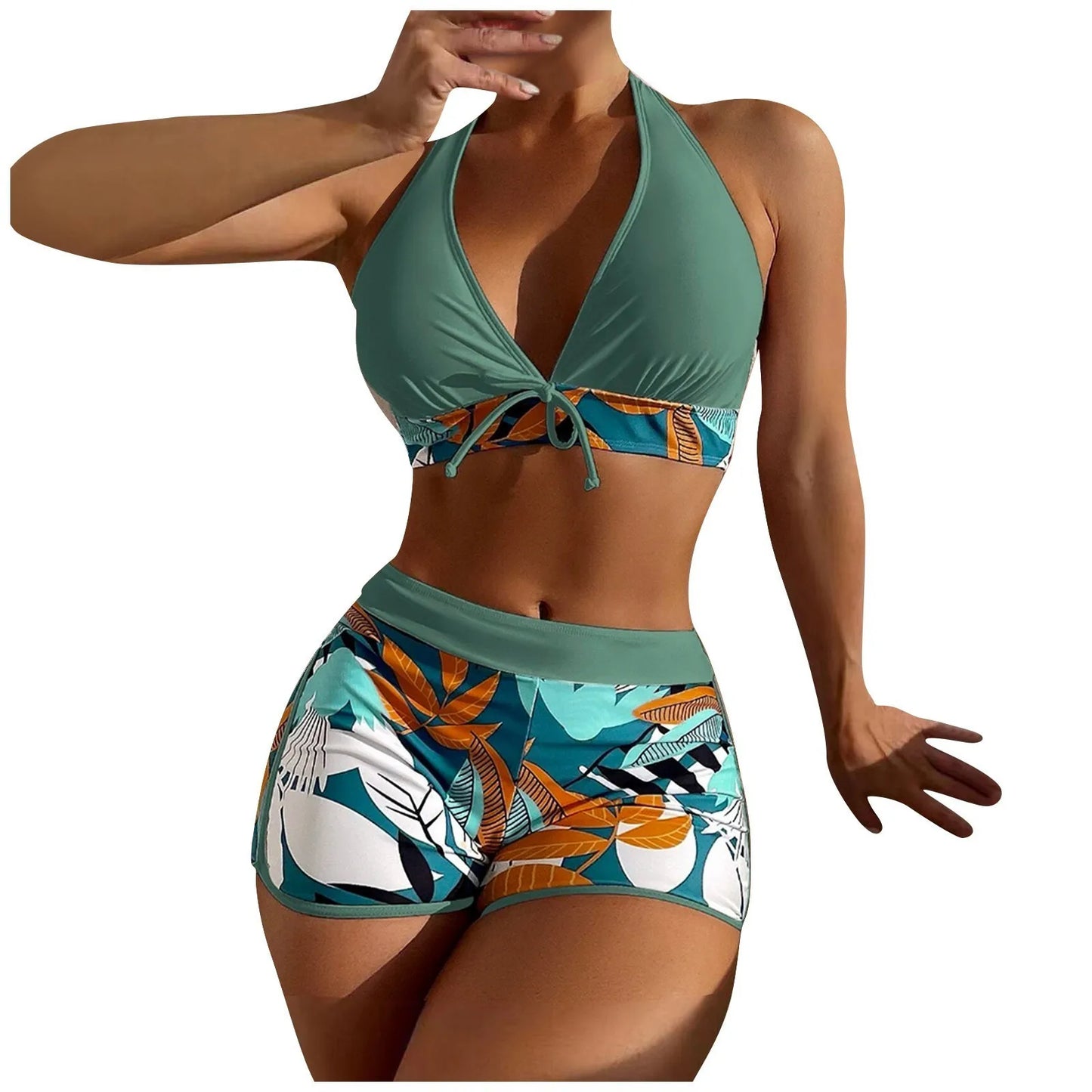 Women's Paneled Printed Swimsuit Ladies Fashion High Waist Swimsuit Two-Piece Set V-Neck Bathing Suits Female by DERILUJA LLC