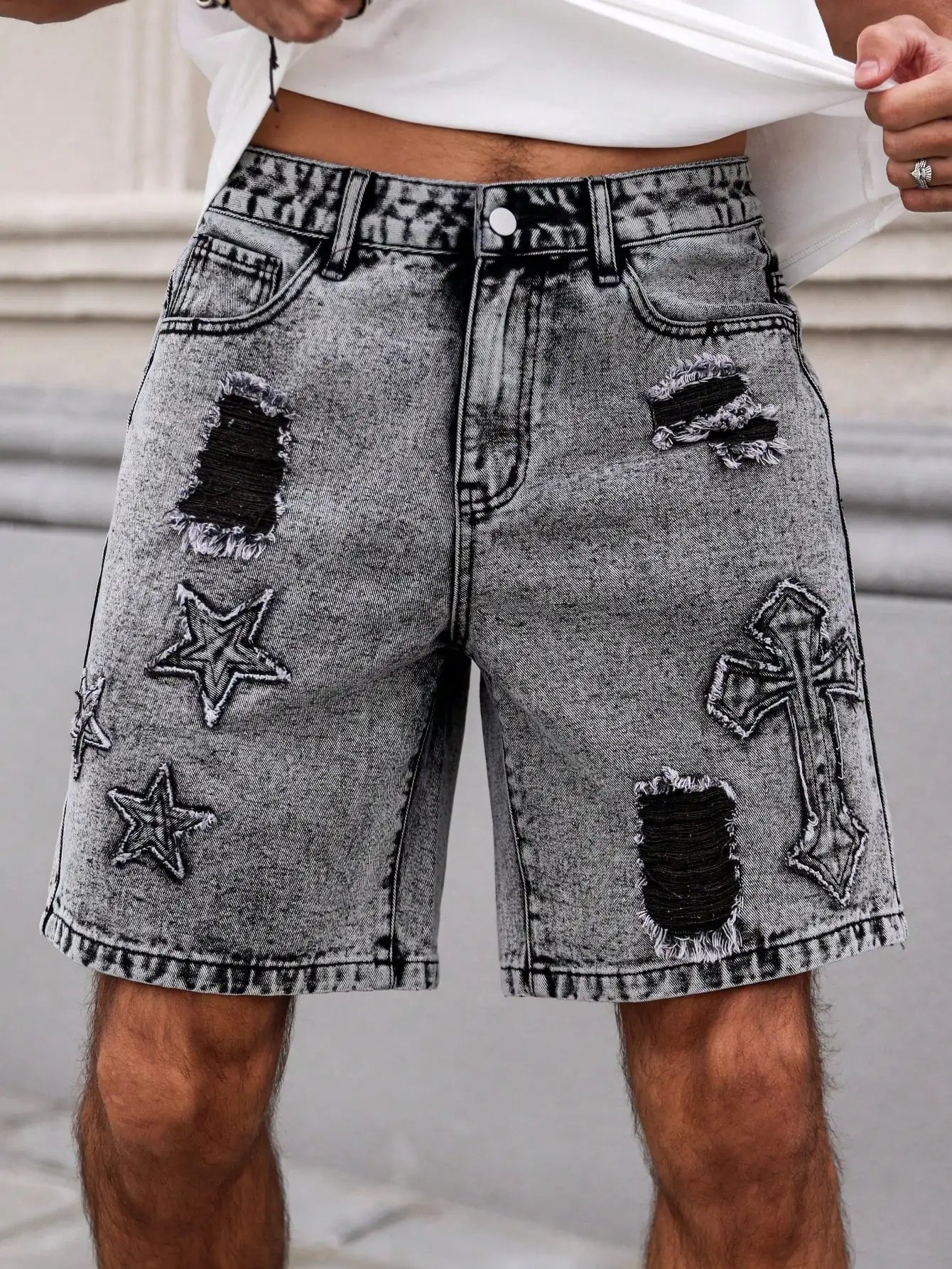 Men's Summer Denim Shorts. Straight-leg fit. Ripped design. Dark gray denim embroidered shorts by DERILUJA LLC