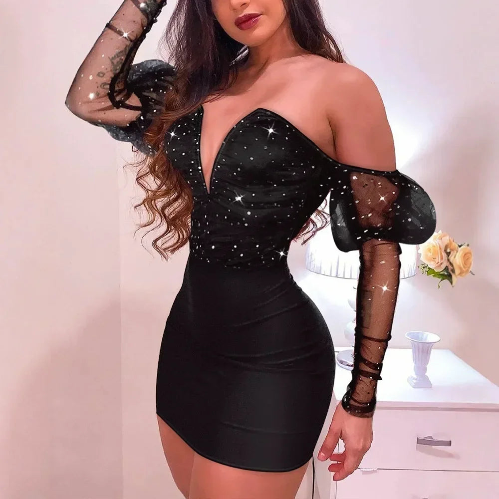 Women Strapless Mesh Splicing Long Sleeve Mini Dress Bodycon Fashion by DERILUJA LLC