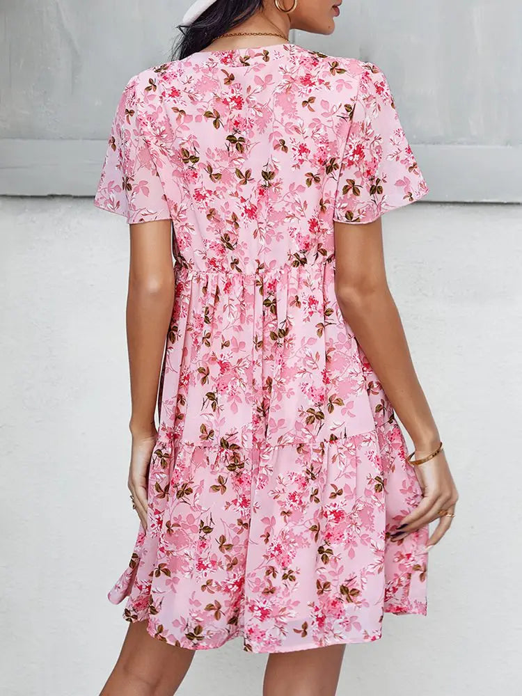 Spring Summer Fashion Women V Neck Short Sleeve Loose Chic Floral Printed Dress by DERILUJA LLC