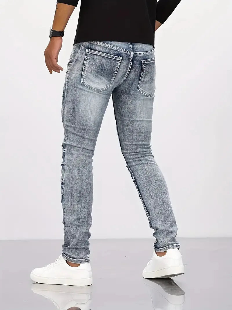 Two tone distressed patchwork jeans for men trendy jeans for summer thin straight leg pants slim fit small leg distressed jeans by DERILUJA LLC