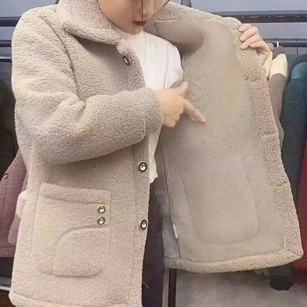 Women Winter Coat Soft Thick Plush Solid Color Pockets Vintage Lapel Warm Cold Resistant Long Sleeve Single-breasted Outwear