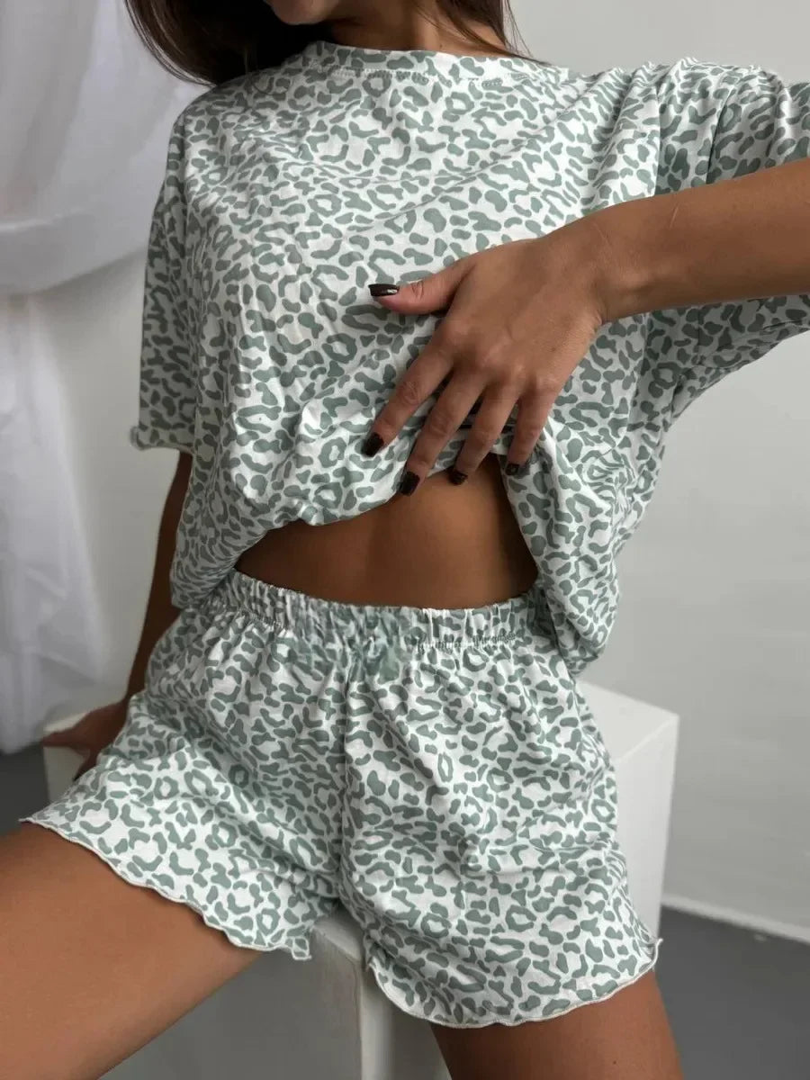 2026 Summer Sleepwear Women's Fashion Leopard Print Hottie Round Neck Short Sleeve Tops and Shorts Suit Pyjamas Homewear by DERILUJA LLC