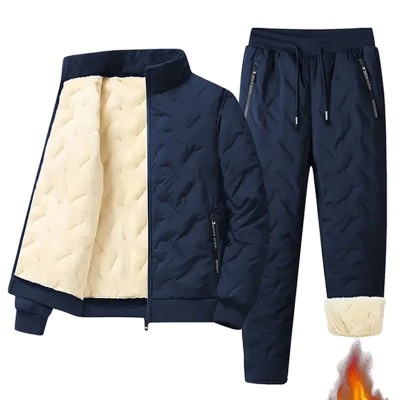 Men's autumn and winter sports suit stand collar casual cardigan jacket outdoor thick warm cotton jacket and pants two-piece set by Badon Shop LLC