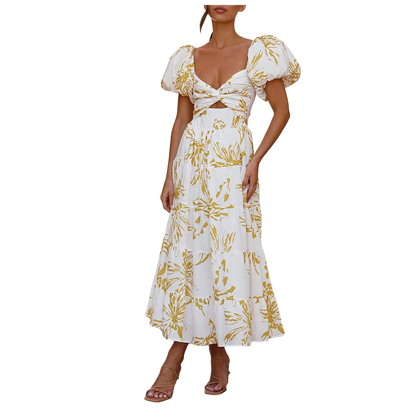 Summer V Neck Cutout Floral Print Dresses Elegant Women Puff Short Sleeve Casual Dress Pleated Waisted Swing Beach Long Dress 2026 by DERILUJA LLC