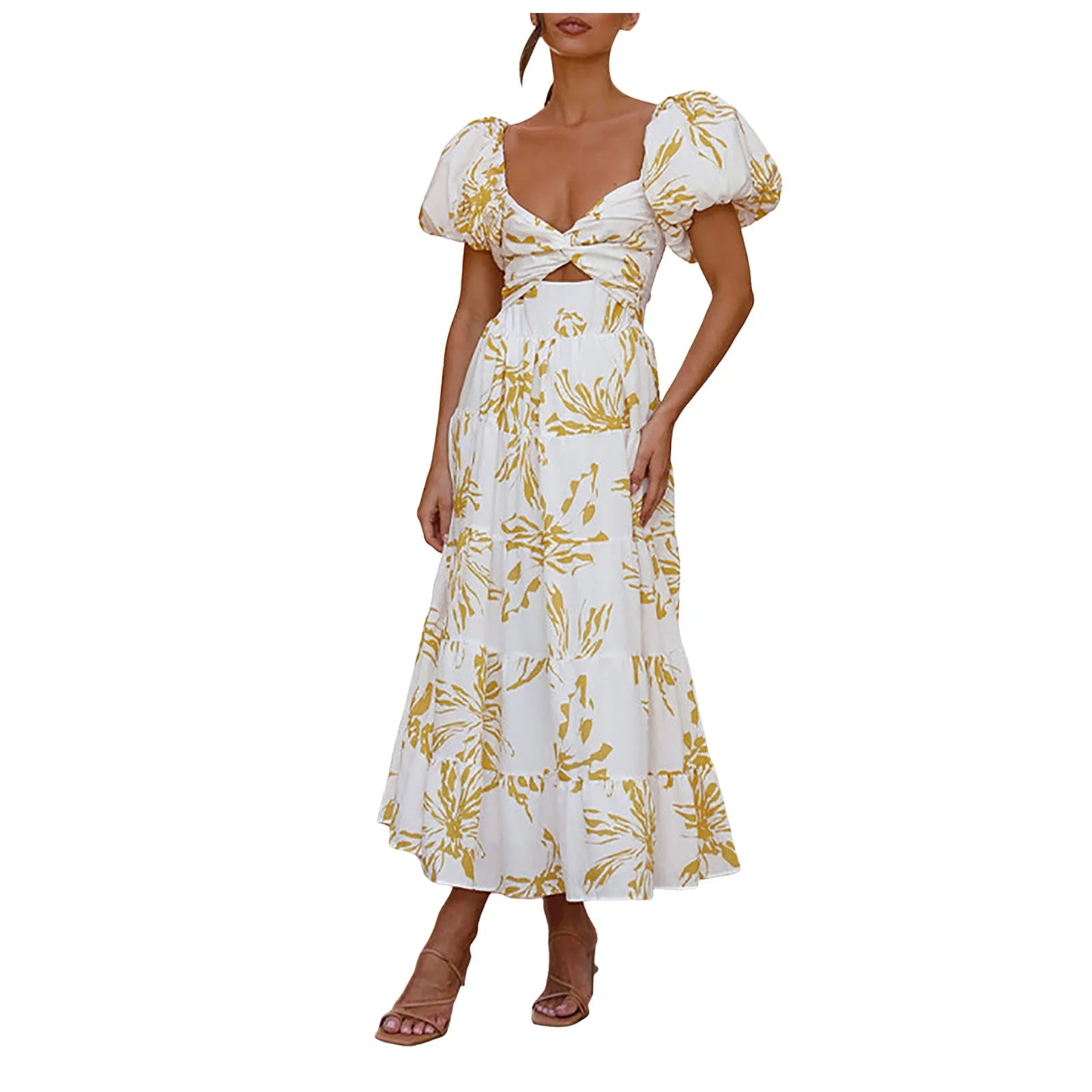 Summer V Neck Cutout Floral Print Dresses Elegant Women Puff Short Sleeve Casual Dress Pleated Waisted Swing Beach Long Dress 2026 by DERILUJA LLC