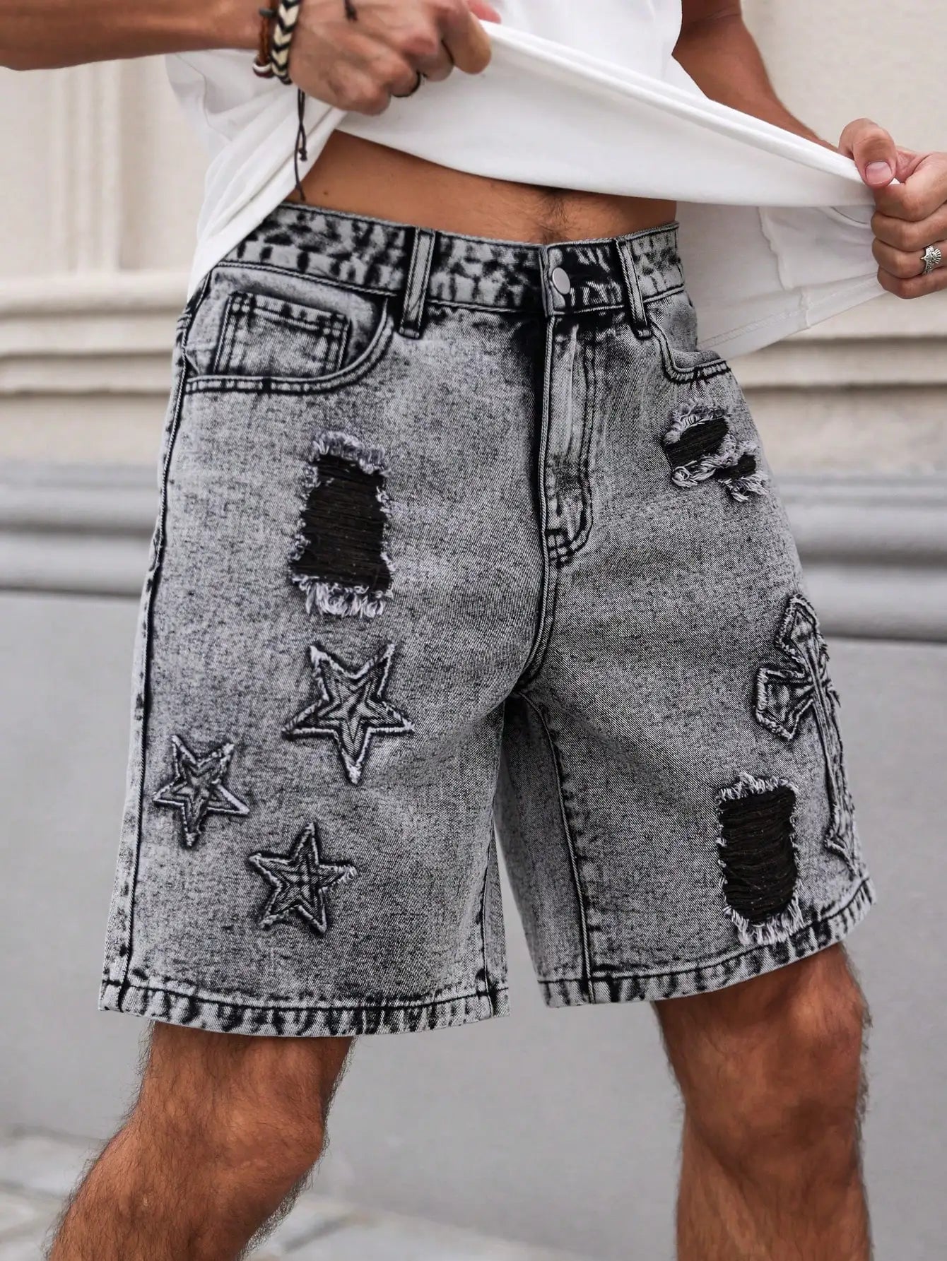 Men's Summer Denim Shorts. Straight-leg fit. Ripped design. Dark gray denim embroidered shorts by DERILUJA LLC