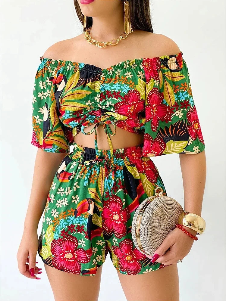 Shoulder Slash Neck T-shirt Shorts Set Office Lady Floral Print Lace Up Short Sleeve Two Piece Set Women Outfit 2026 by DERILUJA LLC