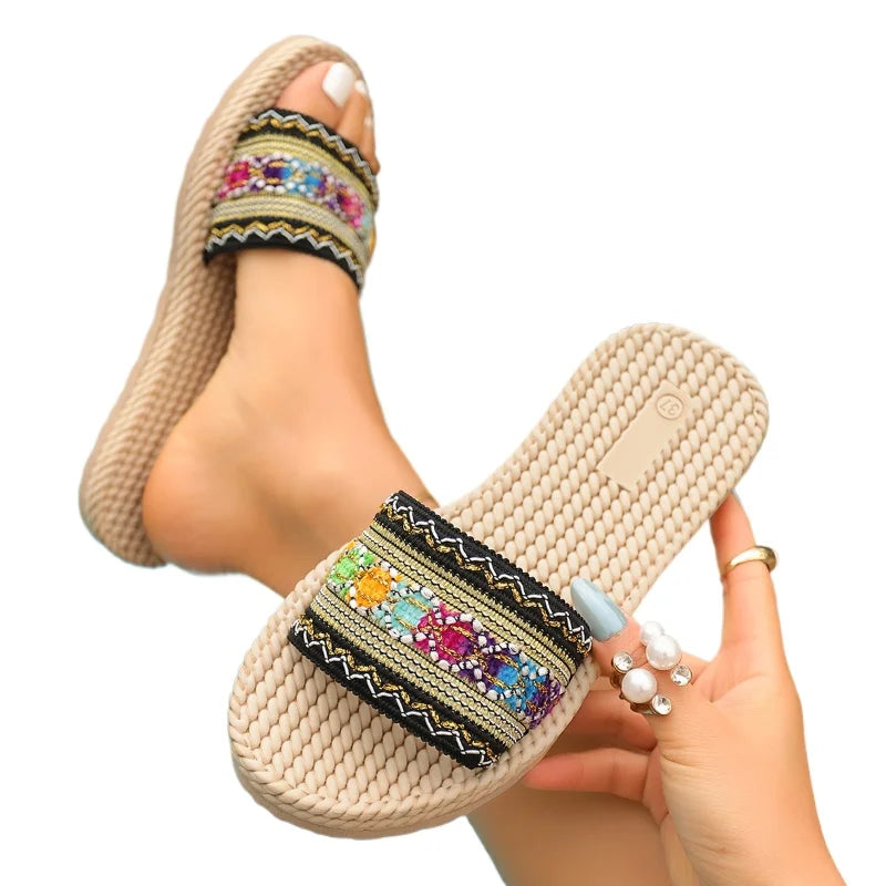 2026 New Summer Women Slippers Beach Fashion Sandals Ethnic Style Round Toe Casual Comfortable Flat Slippers Women Big Size 43 by DERILUJA LLC