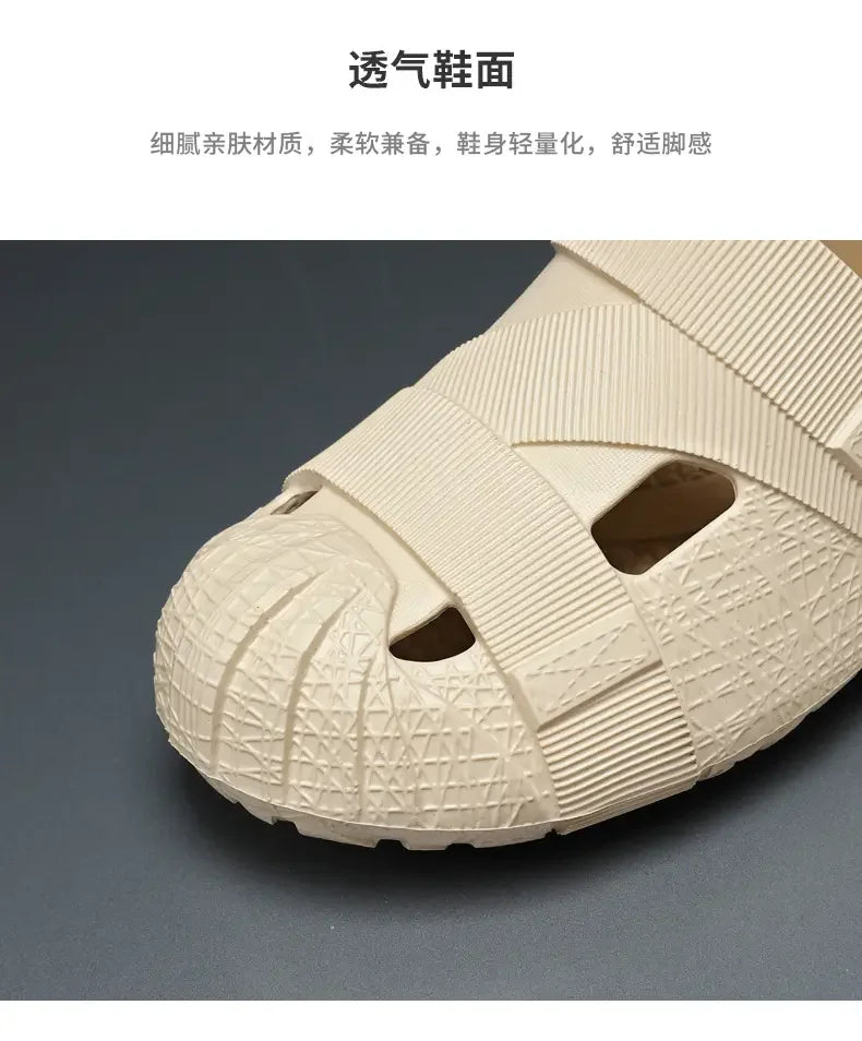 Summer Men's Outdoor Hollow Sandals Flat Bottom Non Slip Women's Garden Beach Breathable Soft Bottom Sneakers Large Sandals by DERILUJA LLC