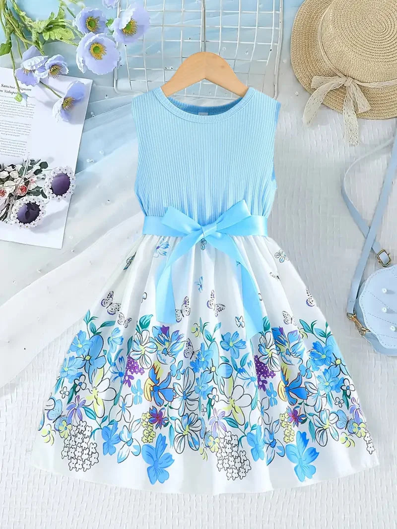 A Fresh And Cute Sleeveless Blue Floral Pattern Dress For Summer by DERILUJA LLC