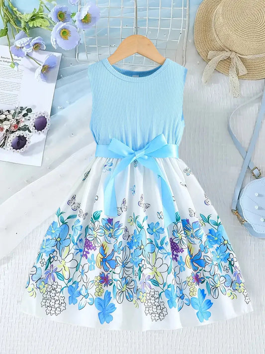 A Fresh And Cute Sleeveless Blue Floral Pattern Dress For Summer by DERILUJA LLC