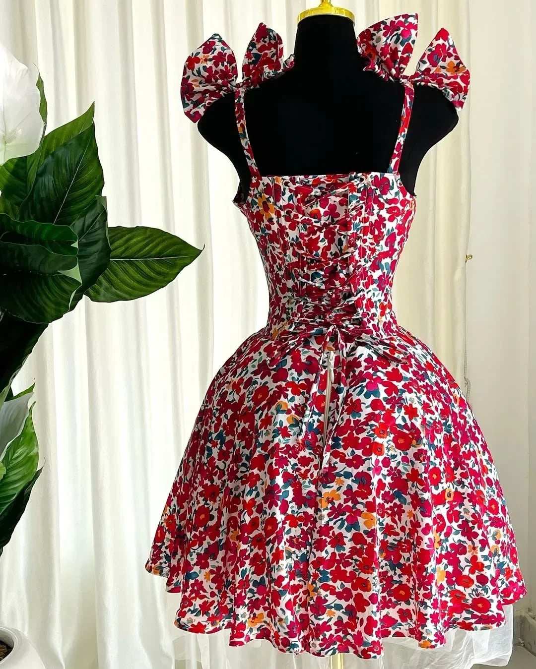 Elegant Floral Print A- Line Mini Dress with Bow Knot High Waist Slimming for Women Spring Season Fashion Casual Skirt