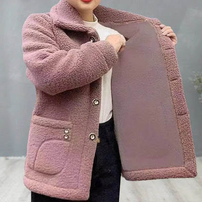 Women Winter Coat Soft Thick Plush Solid Color Pockets Vintage Lapel Warm Cold Resistant Long Sleeve Single-breasted Outwear