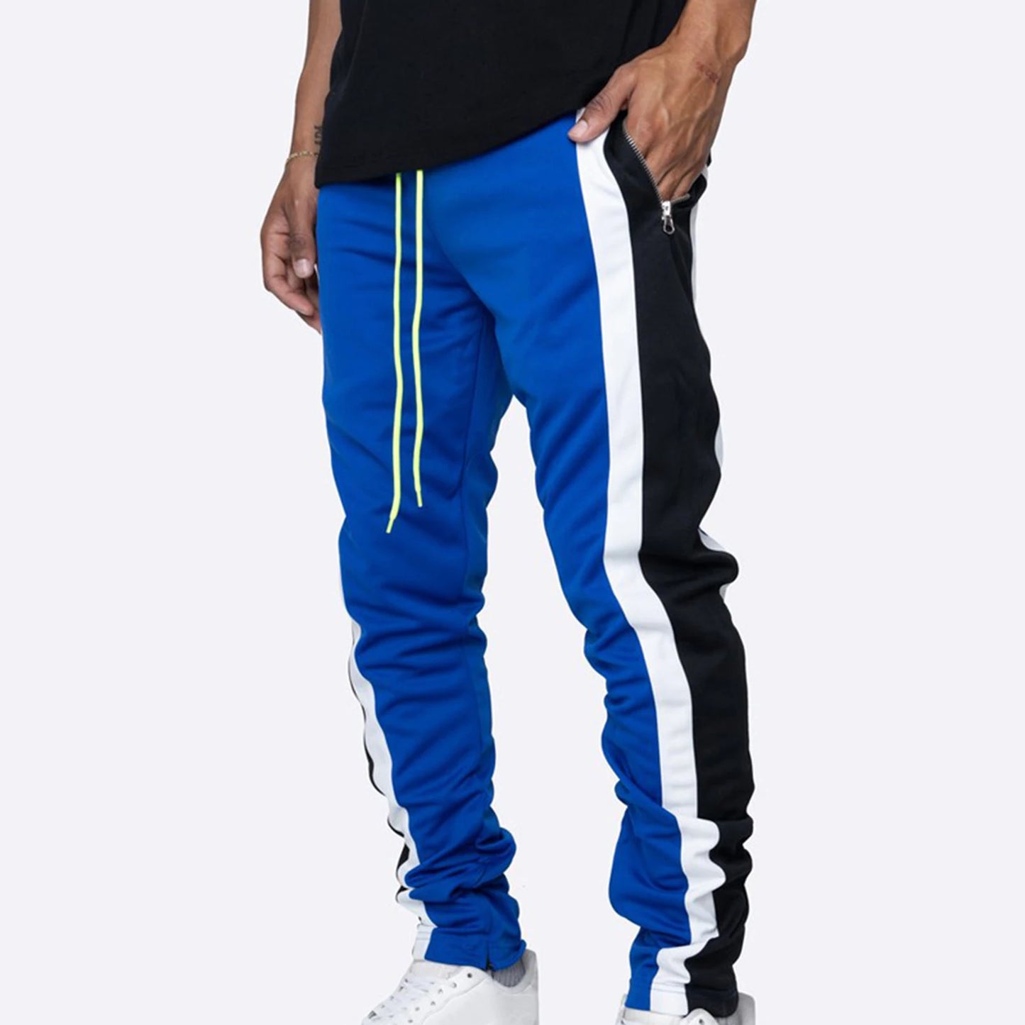 Spring Autumn Men Drawstring Zipper Pockets Sweatpants Sports Trousers Skinny Pants Contrast Color Men's Casual Loose Trousers