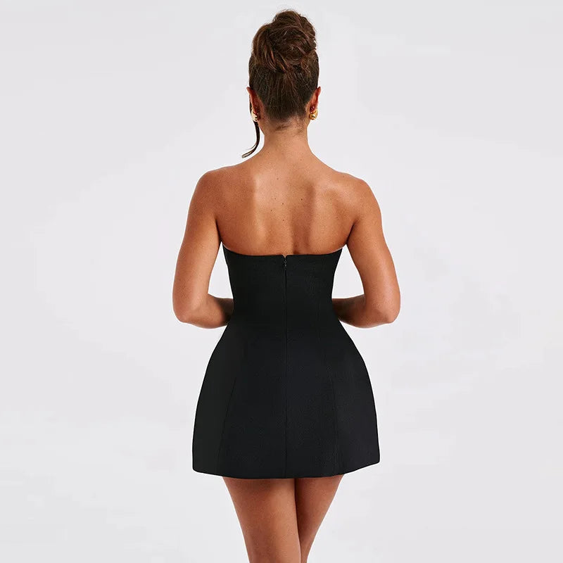 Mini Dresses Solid Patchwork High Waist Summer Fashion Female Bodycon Plunge Vacation Strapless Dress by DERILUJA LLC