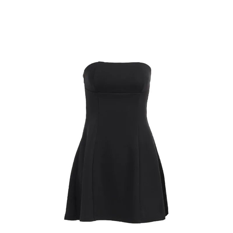 Mini Dresses Solid Patchwork High Waist Summer Fashion Female Bodycon Plunge Vacation Strapless Dress by DERILUJA LLC