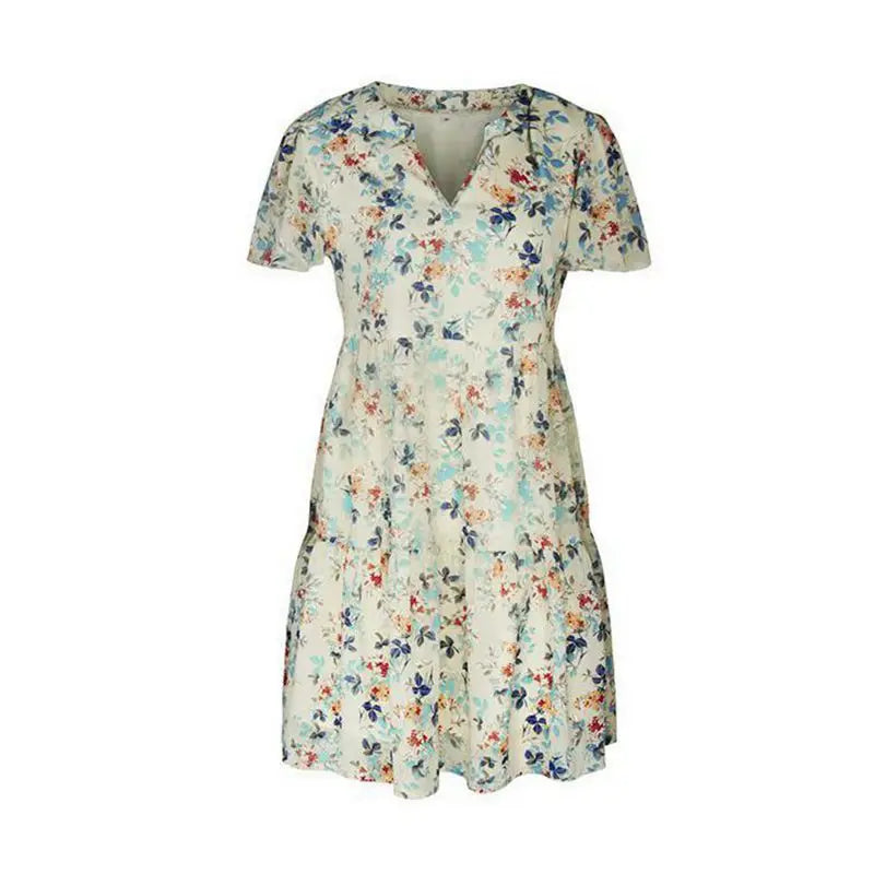 Spring Summer Fashion Women V Neck Short Sleeve Loose Chic Floral Printed Dress by DERILUJA LLC