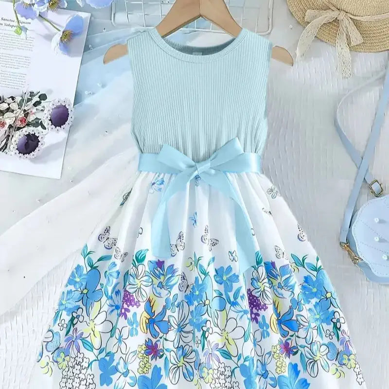 A Fresh And Cute Sleeveless Blue Floral Pattern Dress For Summer by DERILUJA LLC
