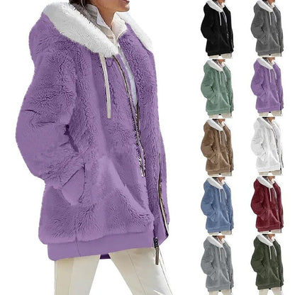 2023 Autumn/Winter Loose Plush Long Sleeve Zip Pocket Hooded Warm Coat for Women