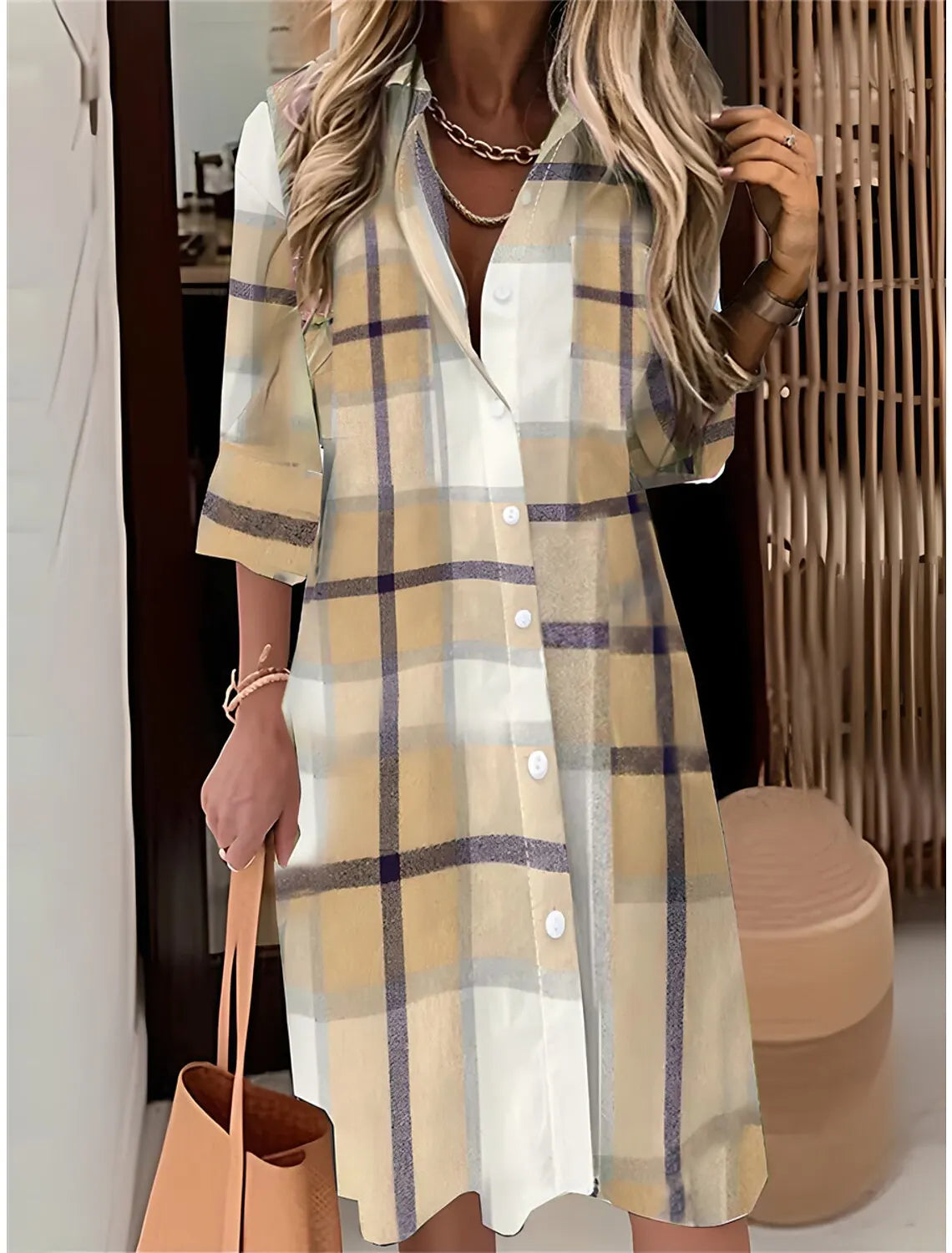 Autumn Elegant Long Sleeve Plaid Shirt Dress Flip Lapel Single Breasted Patchwork Dress Women's Comfortable Commuter Casual Robe by DERILUJA LLC