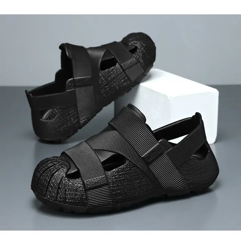 Summer Men's Outdoor Hollow Sandals Flat Bottom Non Slip Women's Garden Beach Breathable Soft Bottom Sneakers Large Sandals by DERILUJA LLC