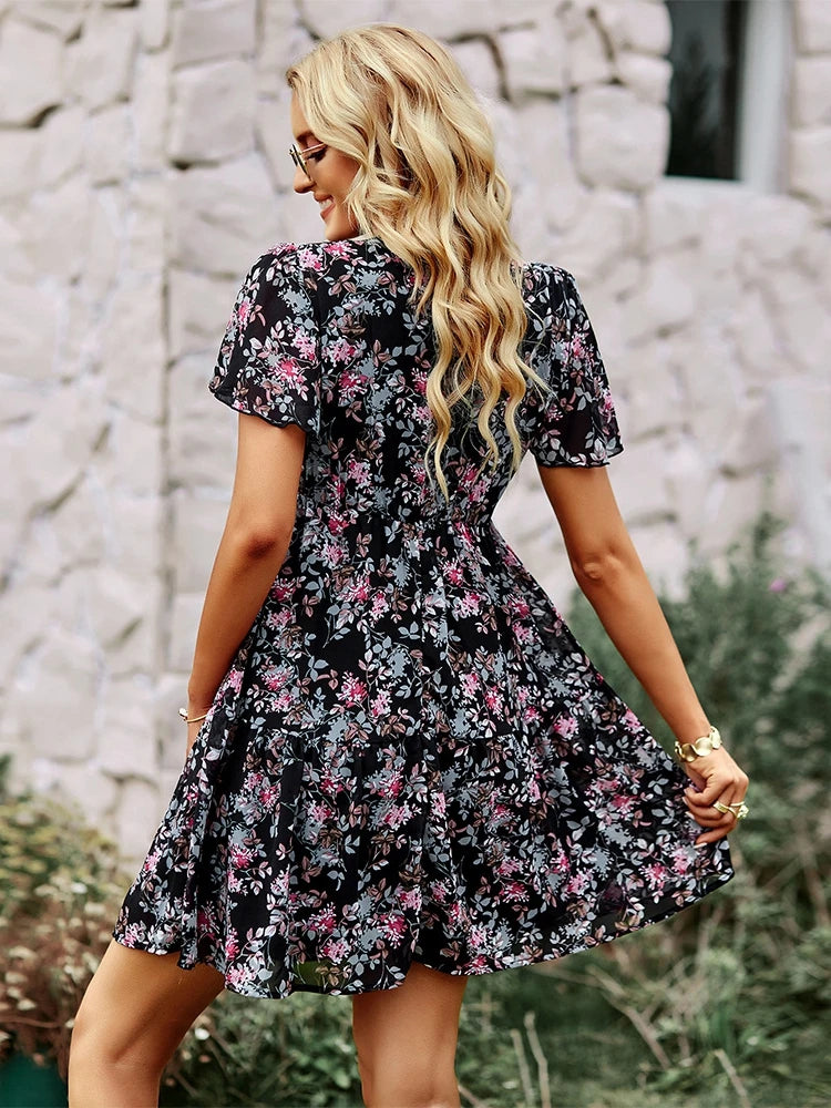 Spring Summer Fashion Women V Neck Short Sleeve Loose Chic Floral Printed Dress by DERILUJA LLC