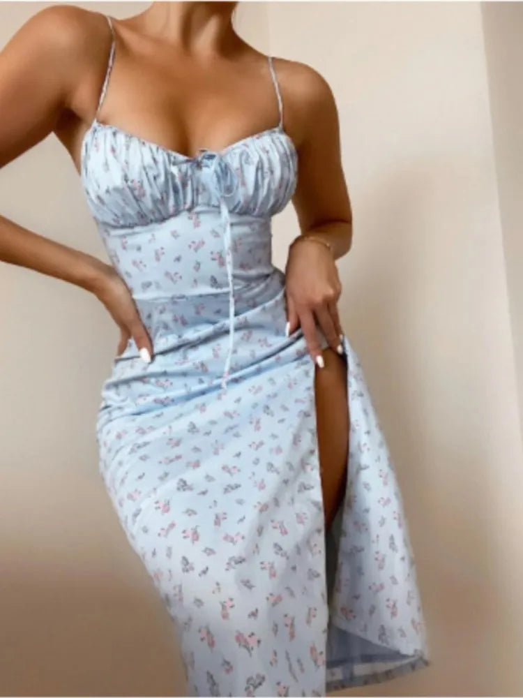 Flower Printed Spaghetti Strap Dresses For Women Low Cut Beach Party Slim Slit Dress Chic Bodycon Lady Sleeveless Vestidos
