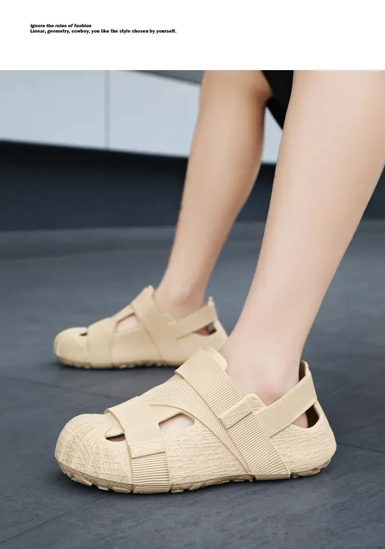 Summer Men's Outdoor Hollow Sandals Flat Bottom Non Slip Women's Garden Beach Breathable Soft Bottom Sneakers Large Sandals by DERILUJA LLC