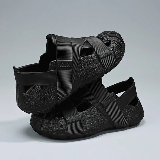 Summer Men's Outdoor Hollow Sandals Flat Bottom Non Slip Women's Garden Beach Breathable Soft Bottom Sneakers Large Sandals by DERILUJA LLC