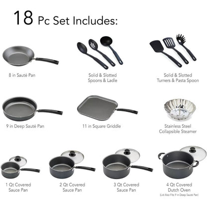 18 Piece Non-stick Cooking Pot Cookware Set, Steel Gray/Red Pots and Pans Set