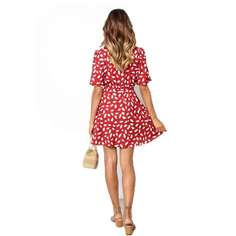 White Sand Spot Mini Summer Women V Neck Casual Beach Sundress Sexy Botton Wrap Bodycon Dress Female by DERILUJA LLC