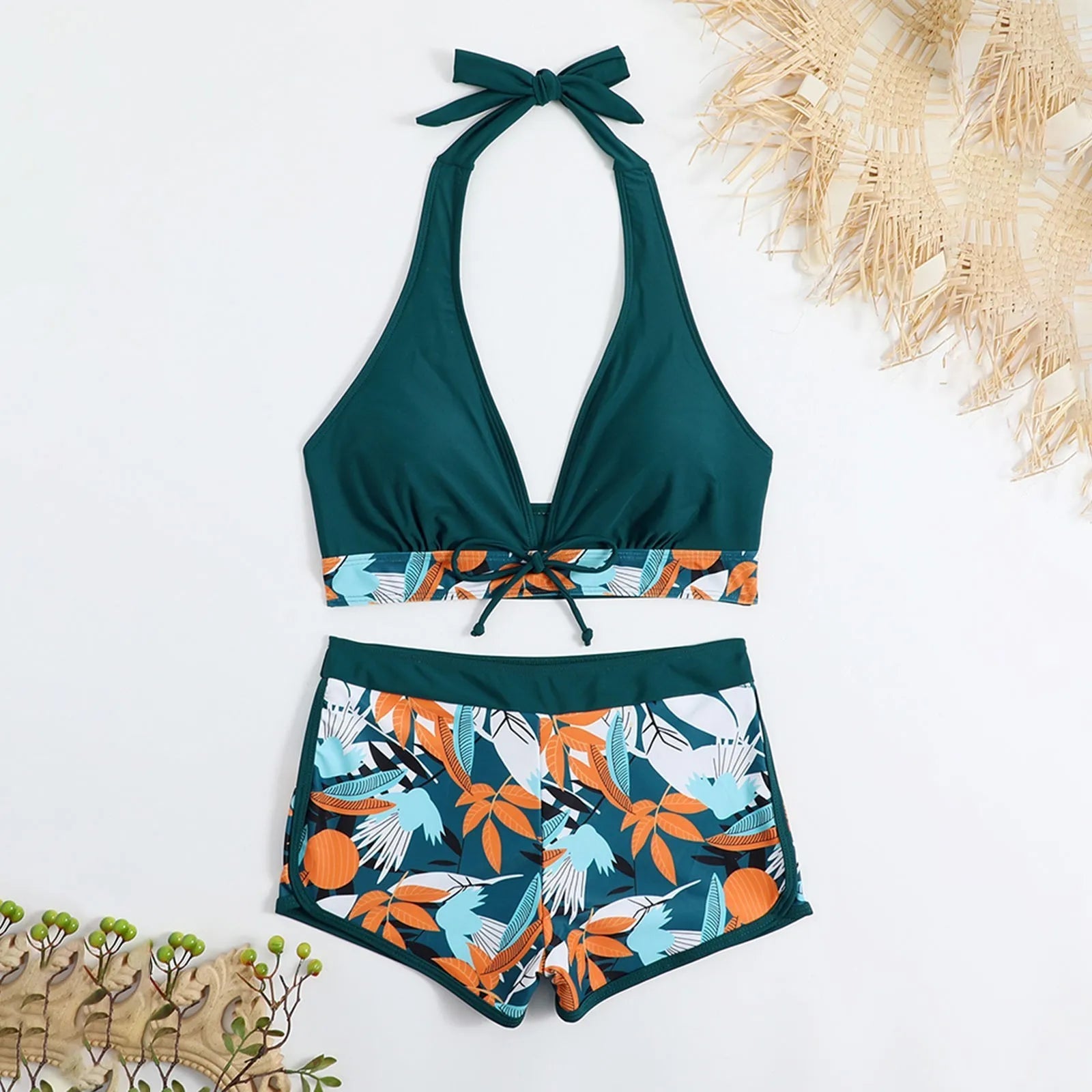Women's Paneled Printed Swimsuit Ladies Fashion High Waist Swimsuit Two-Piece Set V-Neck Bathing Suits Female by DERILUJA LLC
