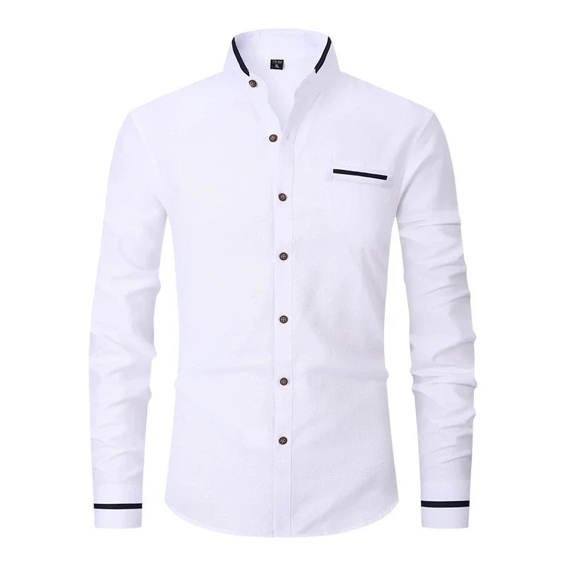New Fashion Patchwork Long Sleeeve Casual Shirts Men Stand Collar Slim Fit Blouses High Quality Spirng Autumn Male Dress Shirt by DERILUJA LLC