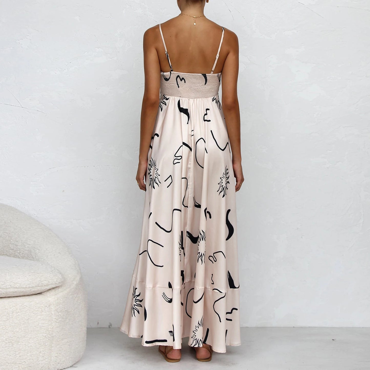 Women Sun Long Dress Swing Dress Slip Dress Spaghetti Straps Floral Backless Dresses Summer Lady Elegant Holiday Outfits by DERILUJA LLC