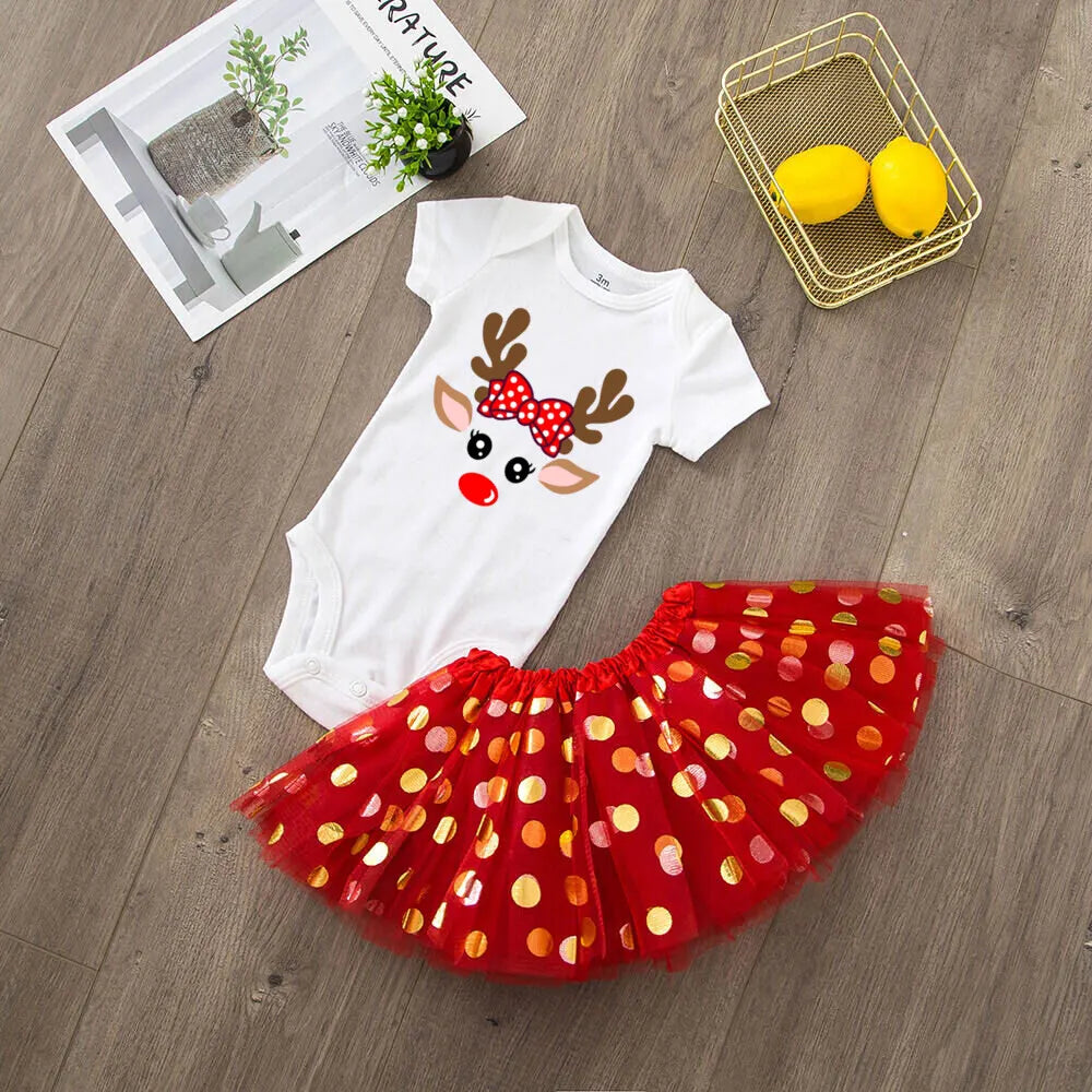 Deer Print Christmas Baby Romper & Tutu Set Christmas Girls Outfit Infant Baptism Short Sleeve Bodysuit Dress Xmas Outfits Skirt by DERILUJA LLC