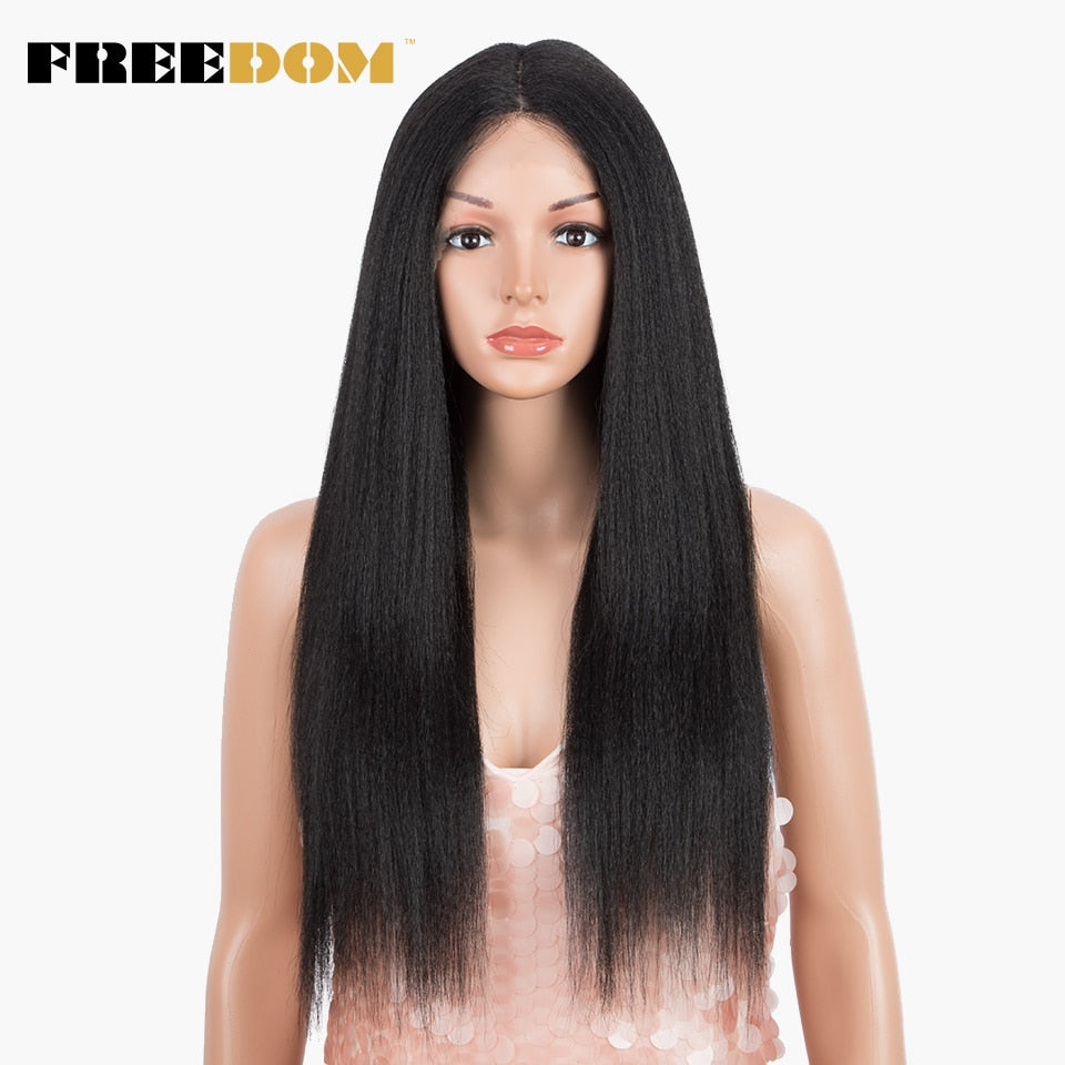 FREEDOM Synthetic Lace Front Wigs For Black Women Yaki Straight Long 26inch perruque Lace Wig Baby Hair Heat Resistant Fiber