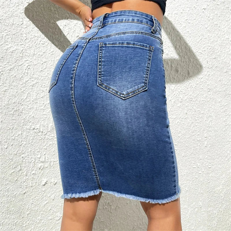Fashion High Waist Denim Skirt Women Tassel Decoration Hem Wrap Hip Half-body Dress Female Summer Daily Casual Trend Streetwear by DERILUJA LLC