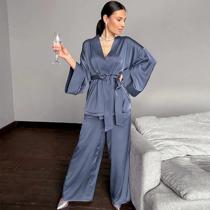 Pajama Sets Robes With Sashes Sexy Sleepwear Women Solid Satin Home Suit Wedding Night Silk Loungewear Loose Nightwear Pant Sets freo