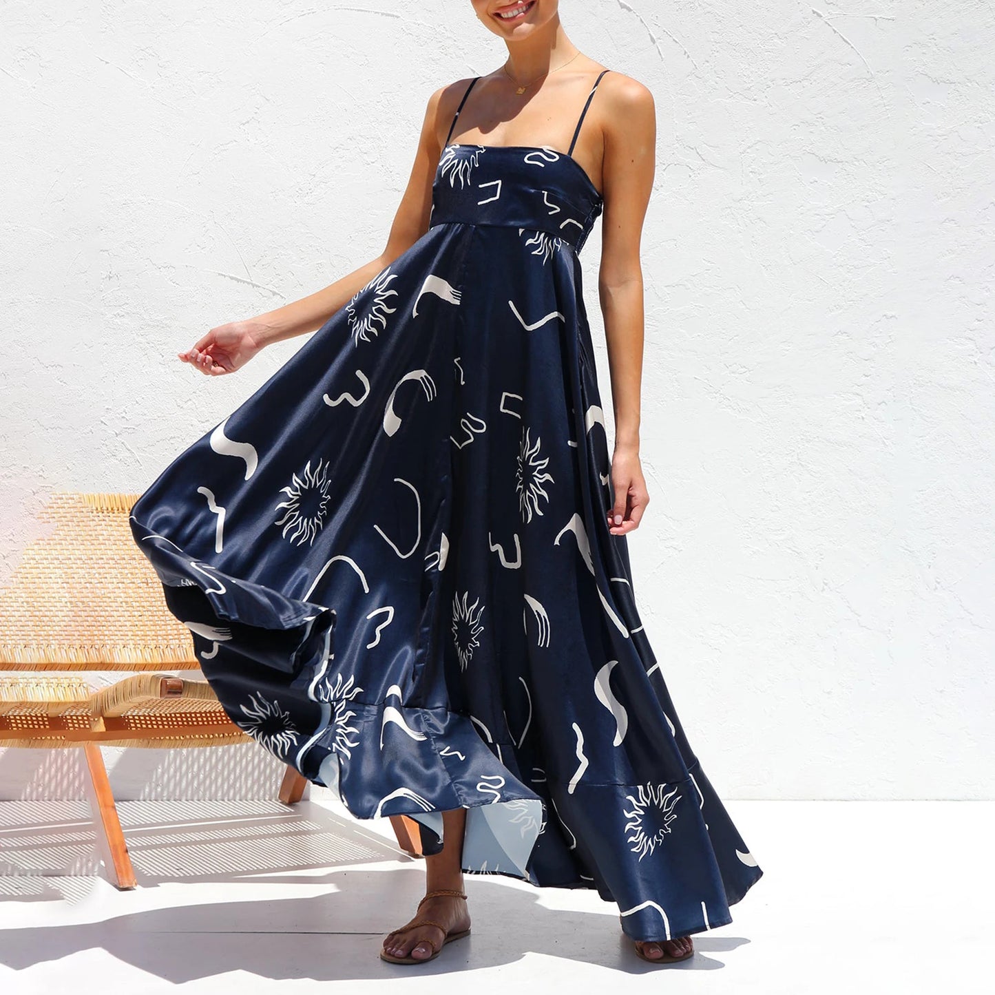 Women Sun Long Dress Swing Dress Slip Dress Spaghetti Straps Floral Backless Dresses Summer Lady Elegant Holiday Outfits by DERILUJA LLC