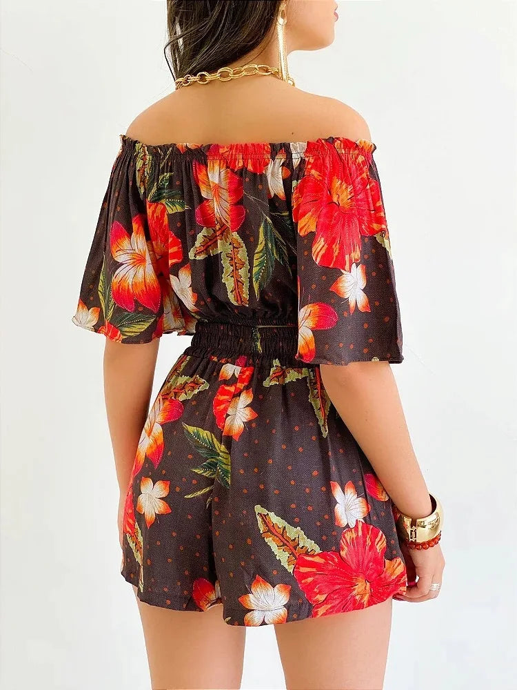 Shoulder Slash Neck T-shirt Shorts Set Office Lady Floral Print Lace Up Short Sleeve Two Piece Set Women Outfit 2026