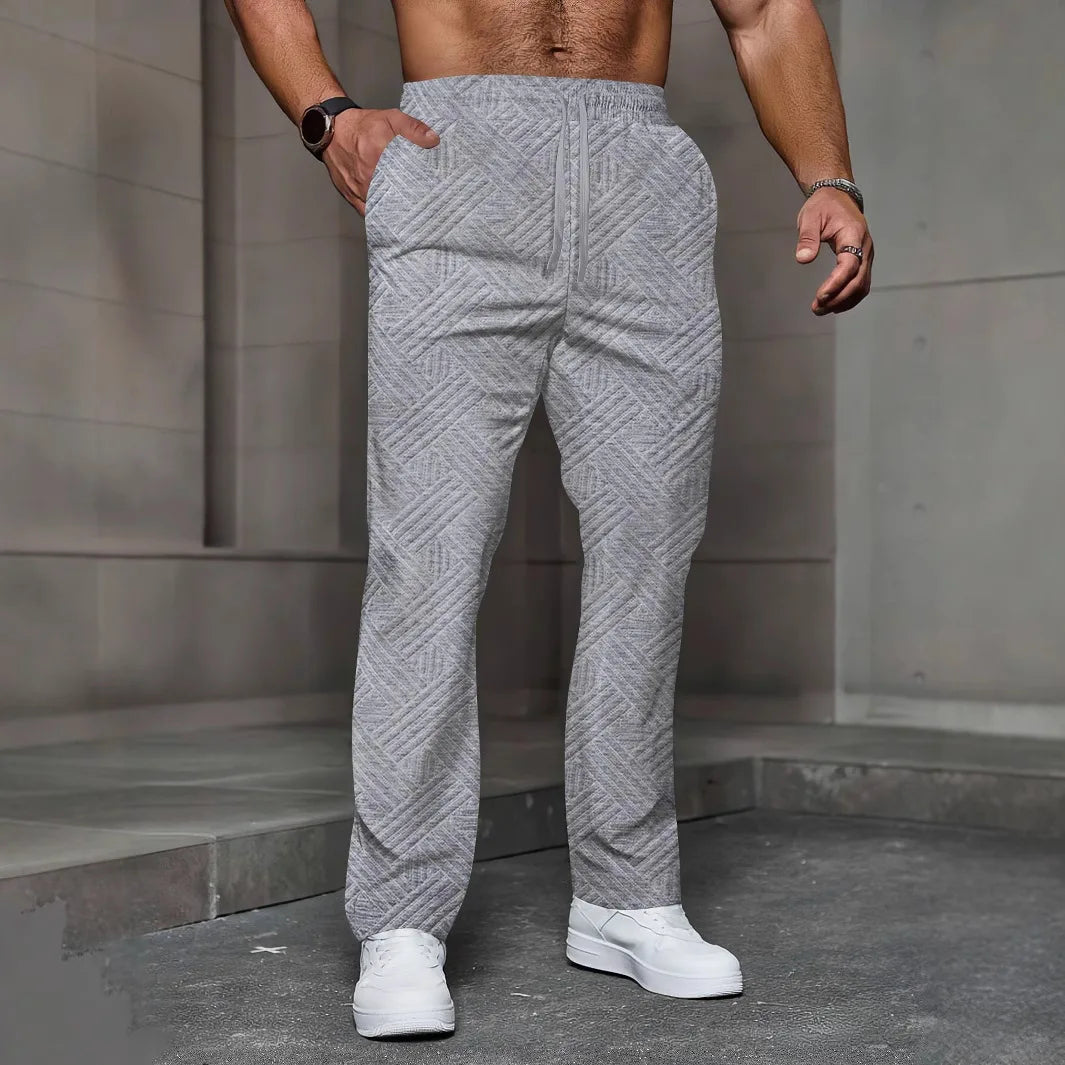 Men's sporty casual trousers, fashionable jacquard elastic waist street pants, solid-color loose all-season pants by DERILUJA LLC