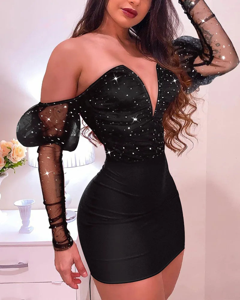 Women Strapless Mesh Splicing Long Sleeve Mini Dress Bodycon Fashion by DERILUJA LLC