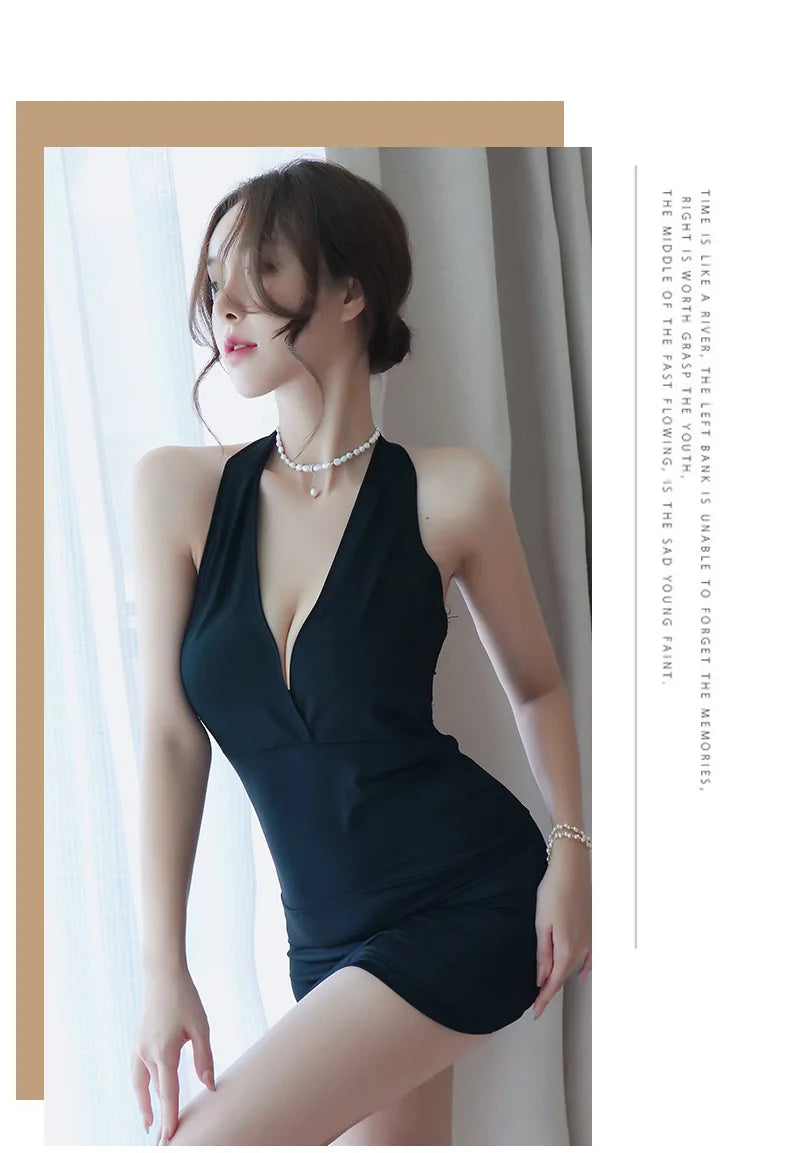 Dress Deep V-Neck Slim Hot Backless Mini Dress Female Bandage Halter Patchwork Mini Vestidos by DERILUJA LLC
