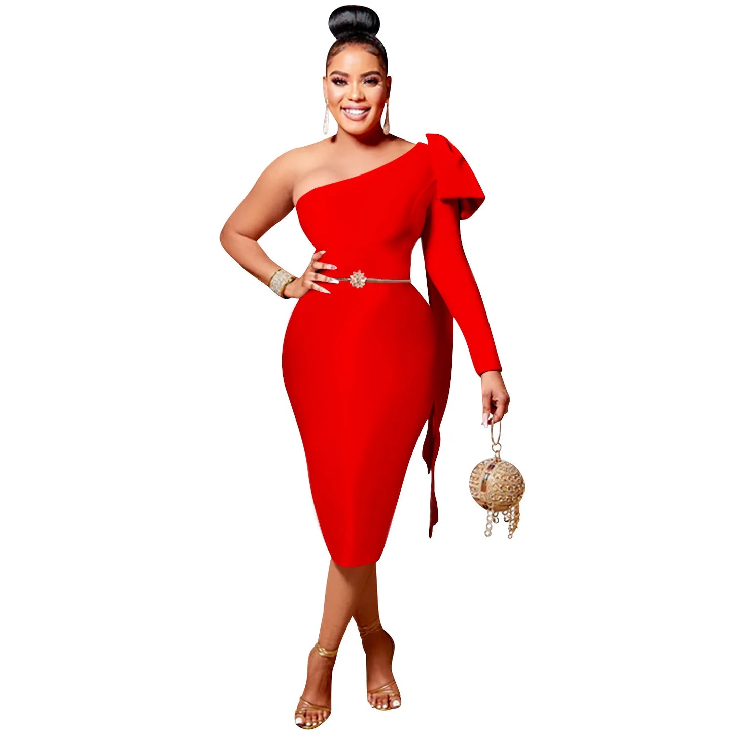 Women One Shoulder Skew Neck Bow Splicing One Long Sleeve Bodycon Midi Dress 2022 Sexy Party Prom Evenging Summer Dresses by DERILUJA LLC