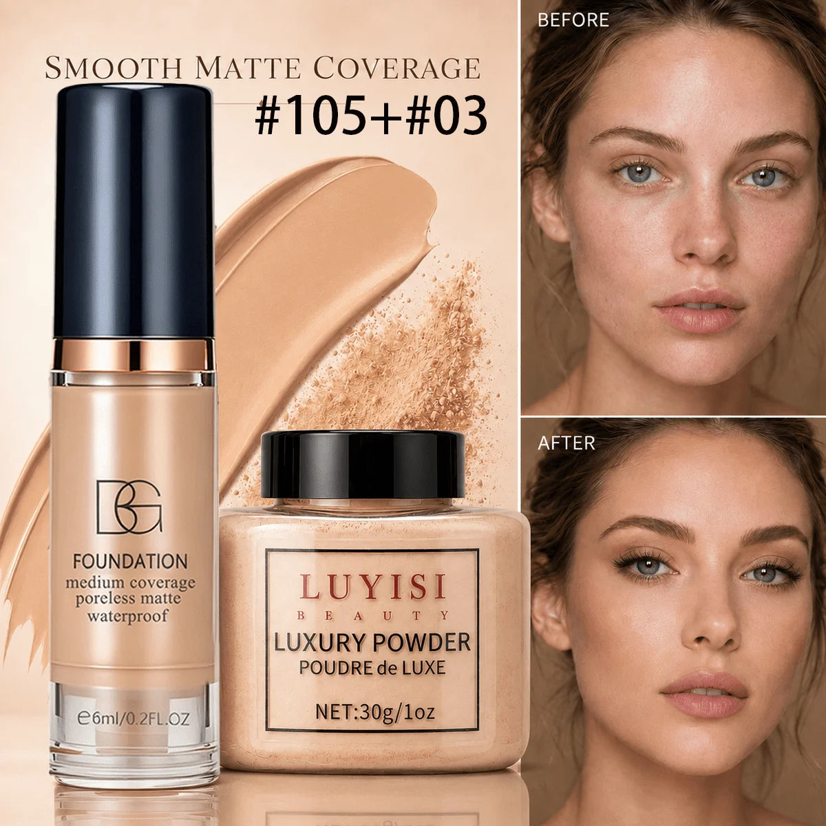 Facial Makeup Set:1pc Matte Loose Powder+1pc Waterproof Fundation,High-Coverage,Long-Lasting,Oil Control,Creat Natural Looks. by DERILUJA LLC